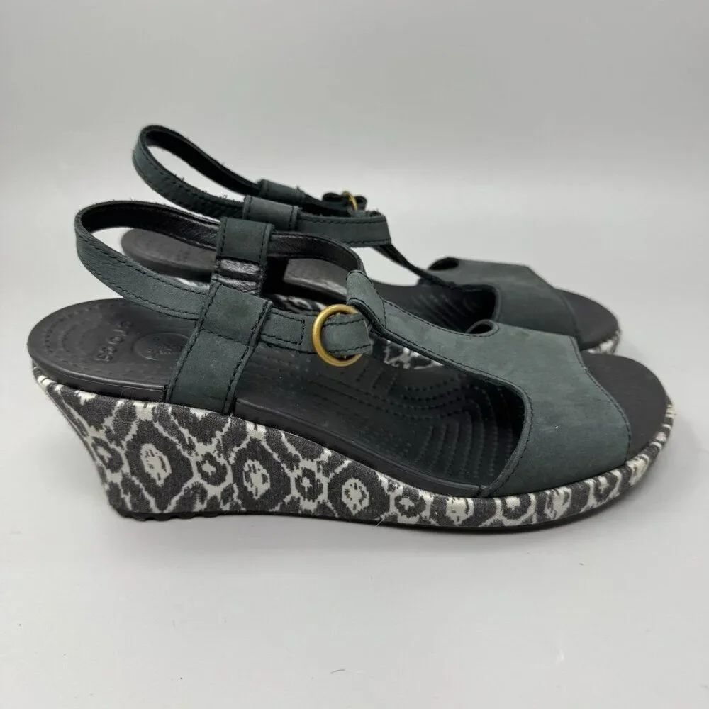 Crocs Leigh Womens Sz 8 Ikat Wedge Heel Leather Sandals Black White Ankle Strap